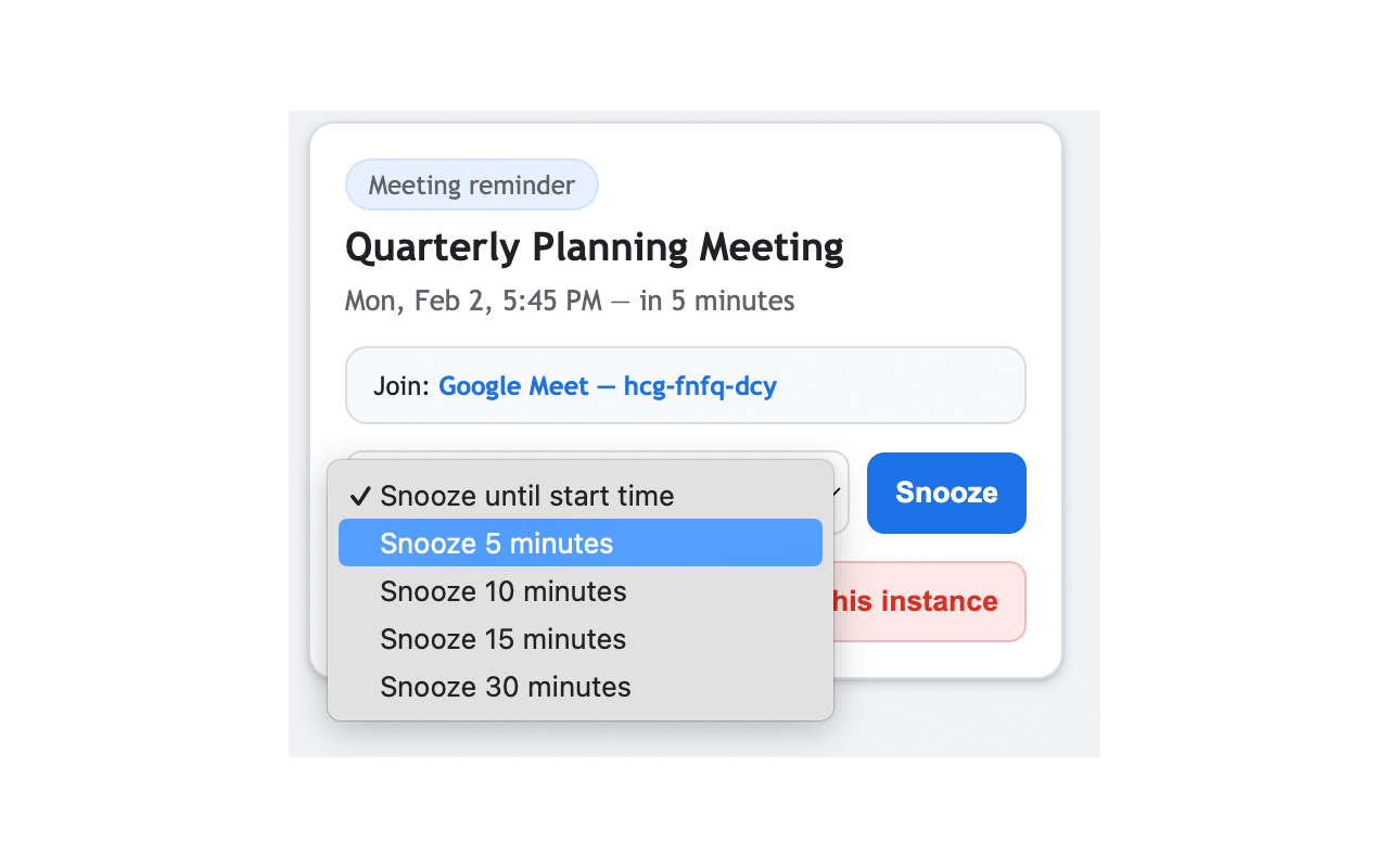 Reminder popup showing snooze controls