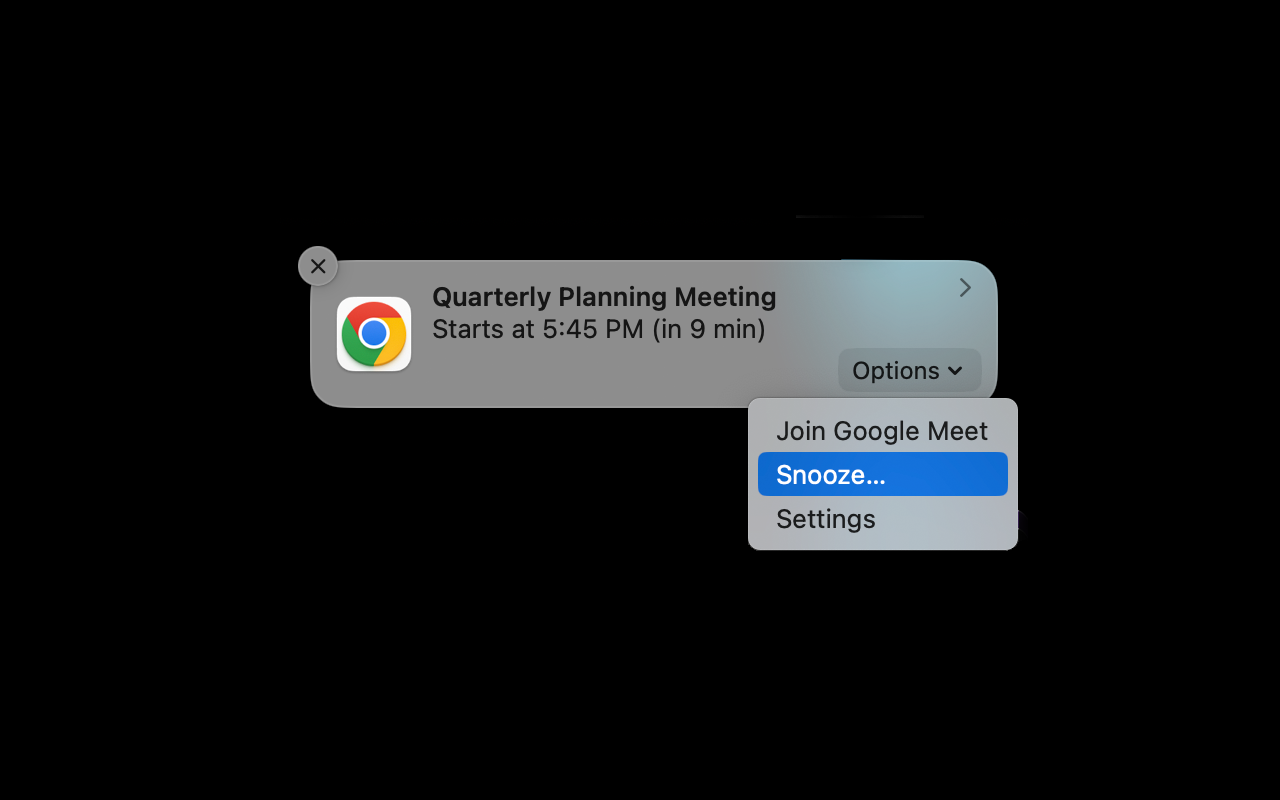Toast reminder with quick menu actions